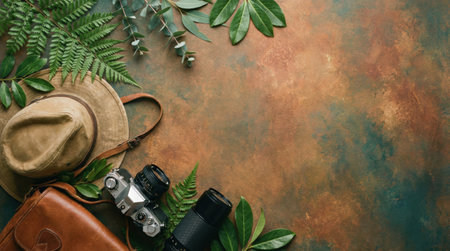 Overhead shot of a fedora, camera, and leather bag with green leaves on a textured surface, evoking travel and adventure.の素材