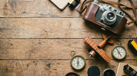 A top-down shot of travel-related items, including a camera, compass, toy airplane, and other accessories, arranged on a rustic wooden surface.の素材