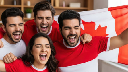 Group of excited people, wearing red and white, cheering and holding a Canadian flag, expressing happiness and support.の素材