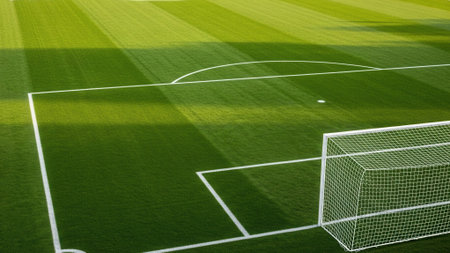 A close-up shot of a soccer field, showcasing the goal net, white lines, and the lush green grass.の素材