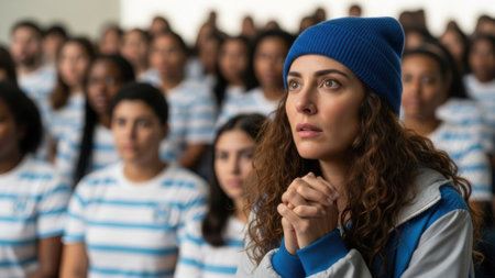 A woman with a blue beanie is looking concerned in a crowd of people. She is in the foreground, and the crowd is in the background. The lighting is bright.の素材