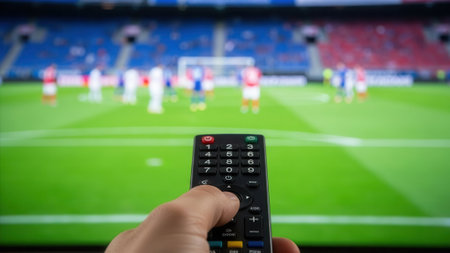 A person is holding a remote control in front of a television screen showing a soccer match, with the field and players in the background.の素材