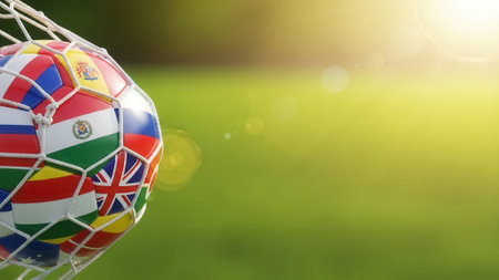A soccer ball adorned with the flags of various nations is caught in a net, with a blurred green field and warm sunlight in the background.の素材