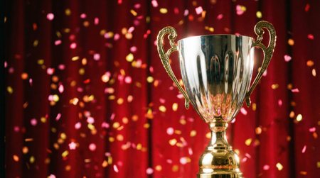 A shiny golden trophy stands prominently against a vibrant red backdrop, with confetti falling, symbolizing success and celebration.の素材