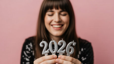 Portrait of a joyful young woman holding up silver 2026 candles in anticipation of the New Year, standing against a solid pink background with a happy smile.の素材