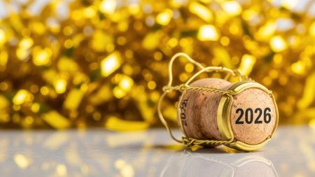 A close up of a champagne cork and wire cage with the number 2026. The background is a blurry, sparkling gold, symbolizing a New Year or anniversary celebration.の素材