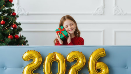 A happy young girl in a red sweater smiles while holding a Christmas present. Golden 2026 balloons and a decorated tree are visible in a festive home setting.の素材