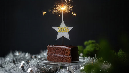 A slice of chocolate cake on a glass plate with a star-shaped decoration and a sparkler, perfect for a festive occasion.の素材