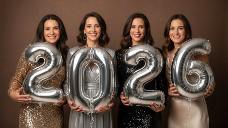 A group of four smiling women in festive party dresses hold up large silver foil balloons spelling out 2026 to celebrate the upcoming new year against a brown background.の素材