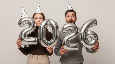 A couple poses with silver number balloons forming the year 2026, wearing party hats, celebrating a new year.の素材