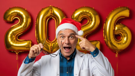 A man in a white coat and Santa hat makes a funny face, pointing at his eyes in front of golden 2026 balloons on a red wall. A humorous concept for the New Year.の素材