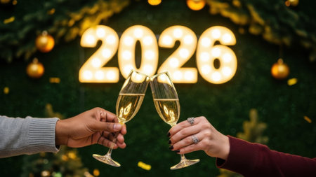 Close up of a couples hands clinking champagne glasses in a toast to celebrate the upcoming New Year 2026. Festive background with glowing numbers and golden confetti.の素材