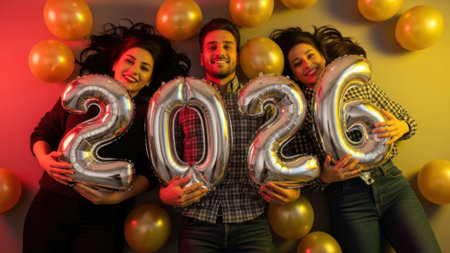 A group of three joyful friends a man and two women smiling and holding 2026 number balloons during a New Years Eve celebration with festive golden decorations.の素材