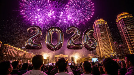 A large crowd watches a spectacular display of purple fireworks and giant 2026 balloons light up the night sky over a modern city for a New Year celebration.の素材