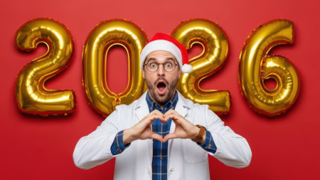 A young male doctor or scientist in a lab coat and Christmas hat shows love with a heart hand sign celebrating the upcoming year 2026 against a red background.の素材