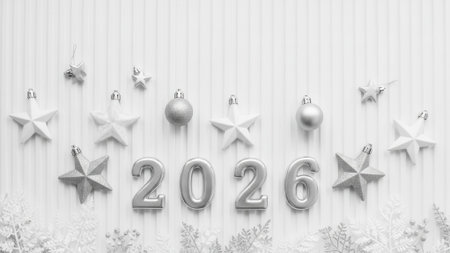 A festive top view composition for the New Year 2026. Silver numbers, stars, and baubles on a white textured background creating a stylish monochrome holiday scene.の素材