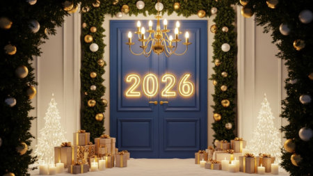 A beautifully decorated entrance for the New Year 2026 featuring a blue door with a glowing sign, surrounded by festive garlands, Christmas trees, and piles of gifts.の素材