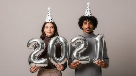 A young man and woman wearing turtlenecks and festive hats hold up shiny silver foil balloons spelling out 2021 to celebrate the new year against a plain studio background.の素材