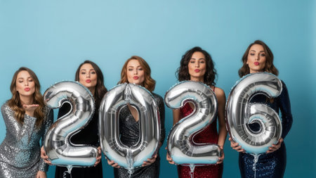 A group of six women are holding silver balloons that spell out the year 2026. They are dressed in party attire and posing in front of a blue background.の素材