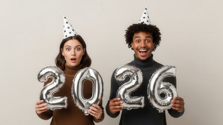 A happy young interracial couple in festive party hats holds up silver foil balloons spelling out 2026. The woman looks surprised and the man is smiling joyfully against a plain background.の素材