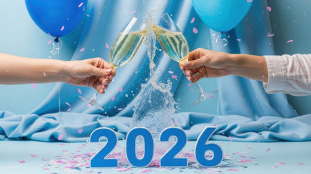 Two hands clinking champagne glasses with a splash, 2026 year sign, blue balloons, and a blue background.の素材