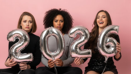 A group of diverse friends with contrasting expressions of sadness, concern, and joy hold number balloons for the year 2026, symbolizing mixed feelings about the future.の素材