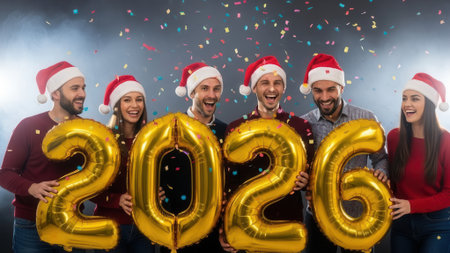 A diverse group of joyful friends wearing festive Santa hats celebrate the arrival of 2026, holding large golden number balloons under falling confetti at a party.の素材