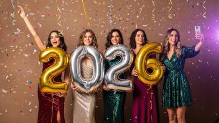 A group of five cheerful women in elegant party dresses hold shiny number balloons forming 2026, celebrating under a shower of falling confetti against a festive background.の素材