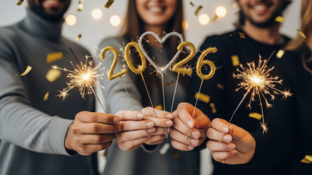 A close up of a group of smiling friends holding burning sparklers and a golden 2026 sign with a heart. Golden confetti falls around them during a festive celebration.の素材