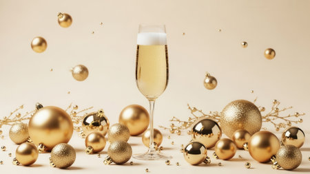 A single flute of bubbly champagne stands amidst a festive arrangement of shiny golden Christmas ornaments and delicate white flowers on a light background. Gold confetti is scattered around.の素材