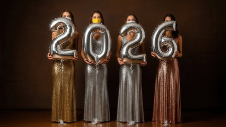 A group of four women in long shimmering metallic dresses and face masks stand in a dark studio holding large silver balloons spelling out the year 2026.の素材