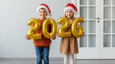 A smiling boy and girl wearing festive Santa hats celebrate the upcoming New Year by holding shiny golden foil balloons that spell out the number 2026 indoors.の素材
