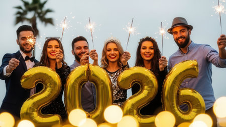 A group of cheerful young friends holding golden 2026 number balloons and lit sparklers at an outdoor New Years Eve party, smiling and looking at the camera.の素材