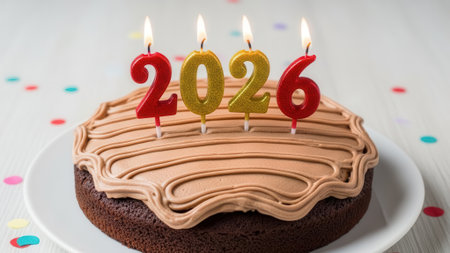 A delicious chocolate cake with creamy frosting on a white plate. Four lit candles on top spell out the year 2026, celebrating the upcoming New Year with colorful confetti.の素材