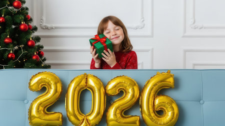 A smiling redhead child holds a present near a Christmas tree. Golden 2026 balloons in the foreground celebrate the upcoming New Year on a blue sofa.の素材