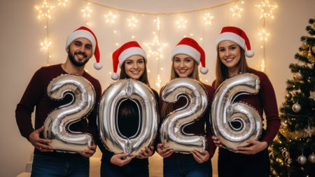 A group of four happy young friends in festive Santa hats hold silver 2026 number balloons, celebrating the New Year against a backdrop of warm lights and a Christmas tree.の素材