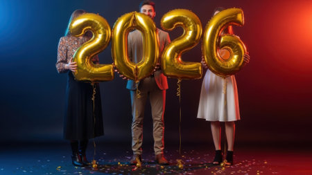A group of three friends at a New Years Eve party holding large golden inflatable balloons spelling 2026. They are celebrating with confetti and festive lighting.の素材