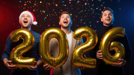 A group of three joyful male friends hold golden 2026 number balloons, laughing under falling confetti at a New Years party. One wears a Santa hat.の素材