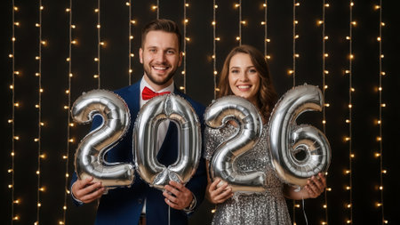 A smiling couple holds silver balloons forming the number 2026, celebrating the new year against a backdrop of twinkling lights.の素材