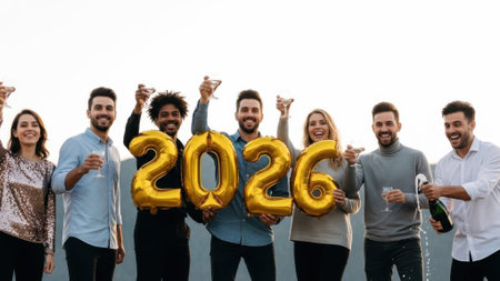 Cheerful multiethnic friends toast with champagne, celebrating the arrival of 2026. They hold golden number balloons, smiling together at an outdoor party against a white sky.の素材