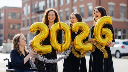 A group of diverse female friends, including one with a disability, joyfully celebrate the future year 2026 holding large shiny number balloons in an urban setting.の素材