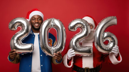 A cheerful young Black man in a Santa hat and a person in a Santa Claus costume hold silver foil number balloons for the year 2026 against a festive red studio background.の素材