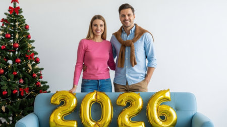 A cheerful Caucasian couple stands behind a sofa with golden 2026 number balloons, celebrating the upcoming New Year next to a decorated Christmas tree in a festive home setting.の素材