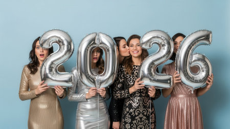 A group of women in elegant dresses holding silver balloons that form the number 2026, celebrating the new year.の素材