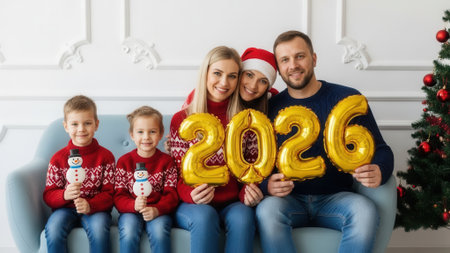 A joyful family of five, parents and three children, sit on a couch holding golden 2026 balloons. They are wearing Christmas sweaters, celebrating the upcoming new year.の素材