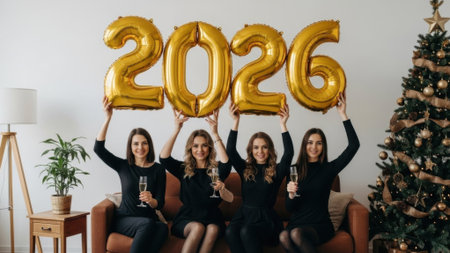 A group of four cheerful female friends in black dresses sit on a couch holding golden 2026 balloons, celebrating the New Year with champagne next to a Christmas tree.の素材