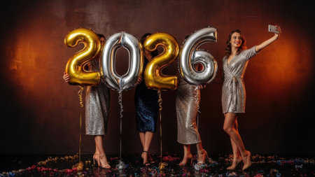Joyful friends in sparkling outfits hold giant 2026 balloons at a New Years Eve celebration. One woman takes a selfie to capture the festive moment with confetti.の素材