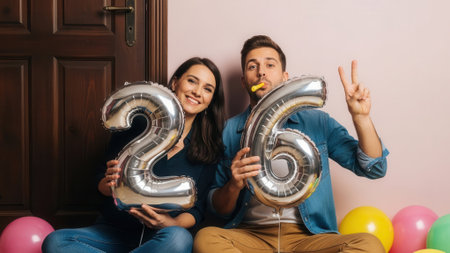 A cheerful man and woman sit on the floor holding silver foil balloons forming the number 26. They are celebrating a special occasion with colorful party balloons.の素材