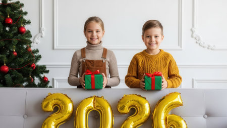 A joyful boy and girl sit on a sofa holding wrapped presents with golden 2026 balloons and a decorated Christmas tree in a festive holiday home setting.の素材
