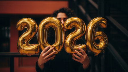 A person holds large shiny golden inflatable number balloons spelling 2026, partially hiding their face in a dimly lit setting, celebrating the new year.の素材